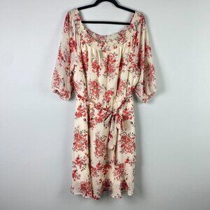Maurices Off the Shoulder Cream Floral Oversized Dress Womens 2X Half Sleeve Tie